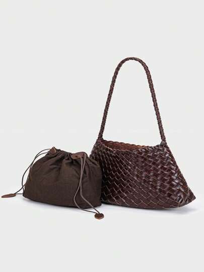 法国PU皮革编织单肩包、腋下包、复古鞣制皮革手提包、托特包、女士通勤腋下包