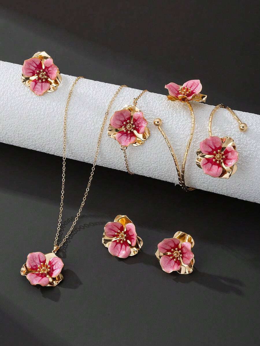 1pc Handmade Tie Dye Gradient Pink Double Layer Asymmetrical Flower Pendant Necklace, 1 Pair Earrings, 1 Ring, 1 Bracelet, 1 Bangle Women Jewelry Set (No Gift Box) - Pink - View 1