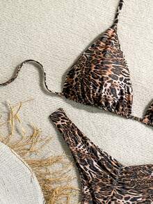 豹纹加大码挂脖比基尼，丁字裤底，高弹力泳衣，女士休闲性感款 - 銅色 - 查看 4