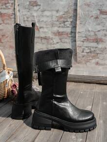 Herbst/Winter 2025 Neue Uniformstiefel Damen Leder Runde Zehenkappe Klobiger Absatz Dicke Sohle Overknee Stiefel, Rückverschluss Wasserdichtes Plateau Design, Geeignet für alle Jahreszeiten Schwarze Kniehohe Stiefel, Geeignet für täglichen Outdoor-Pendlerverkehr, Modische Damenstiefel, Fällt klein aus, Empfehlung eine Nummer größer zu bestellen