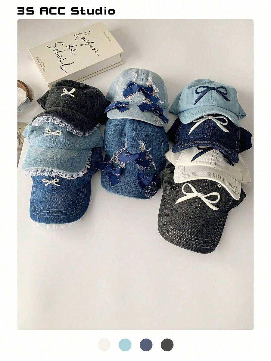 1 件 Y2K 风格女孩刺绣蝴蝶结装饰宽檐棒球帽，博主同款，防晒，大头围，可爱甜美 3D 刺绣软顶长檐太阳帽，夏季 - 蝴蝶結棒球帽 - 查看 1