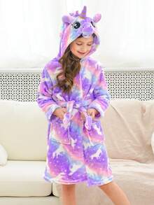 Tween Girl Bright Purple Unicorn Cute Hooded Robe - Multicolor - View 7