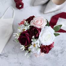 Dusty Blue Wedding Bouquets For Bride Bridesmaid, White Wedding Artificial Roses Flowers For Wedding Bouquets Ceremony, Anniversary - Burgundy & Blush - View 2