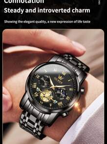 OLEVS. OLEVS 顶级男士手表陀飞轮风格时尚原创石英表 3Bar 防水运动月相表夜光计时码表男士礼物 - 黑色 - 查看 4