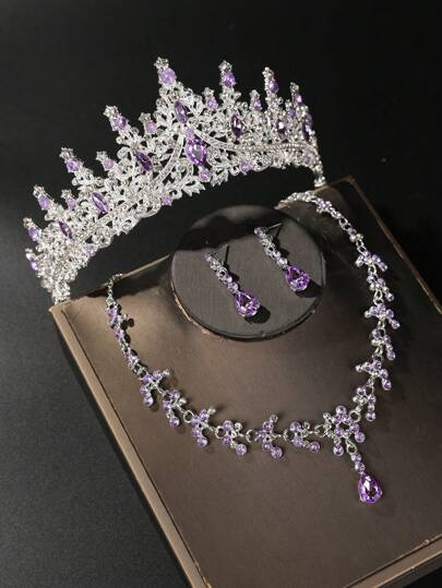 طقم إكسسوارات العروس - تاج مرصع بالراين الأحمر، قلادة، أقراط (4 قطع)، طقم مجوهرات الزفاف، مناسب لفستان الزفاف، الثوب، حفلة الذهب، الزفاف، الحفلة الراقصة