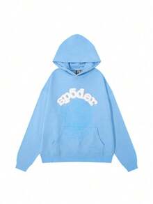Spider Web Foam Print Hip-Hop Loose Terry Hooded Sweatshirt - 藍色 - 查看 2