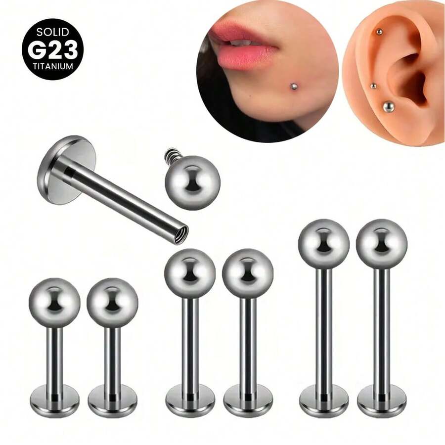 6 PCS Labret Piercing G23 Titanium ASTM-F136 Monroe Lip Stud Bar Earring Helix Cartilage Tragus Body Jewelry 16G 6/8/10mm - Silver - View 1