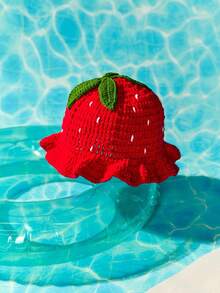 1pc Tropiscape Women's Handmade Crochet Strawberry Knit Bucket Hat, Warm & Fashionable For Autumn/Winter, Suitable For Daily Wear, Vacation Atmosphere, Relaxation, Beach Autumn Accessories