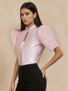 Amyenjoylife 现代菲律宾风夏季女装时尚优雅泡泡袖短袖上衣，粉色上衣，开斋节服装，开斋节 - 粉色 - 查看 5