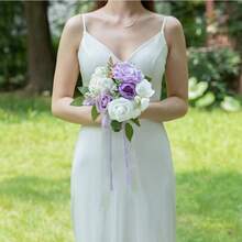 Dusty Blue Wedding Bouquets For Bride Bridesmaid, White Wedding Artificial Roses Flowers For Wedding Bouquets Ceremony, Anniversary - Lilac & Ivory & Cream - View 3