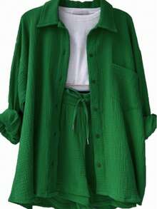 Plain    Casual    Button Front  Button    Home - 綠色 - 查看 1