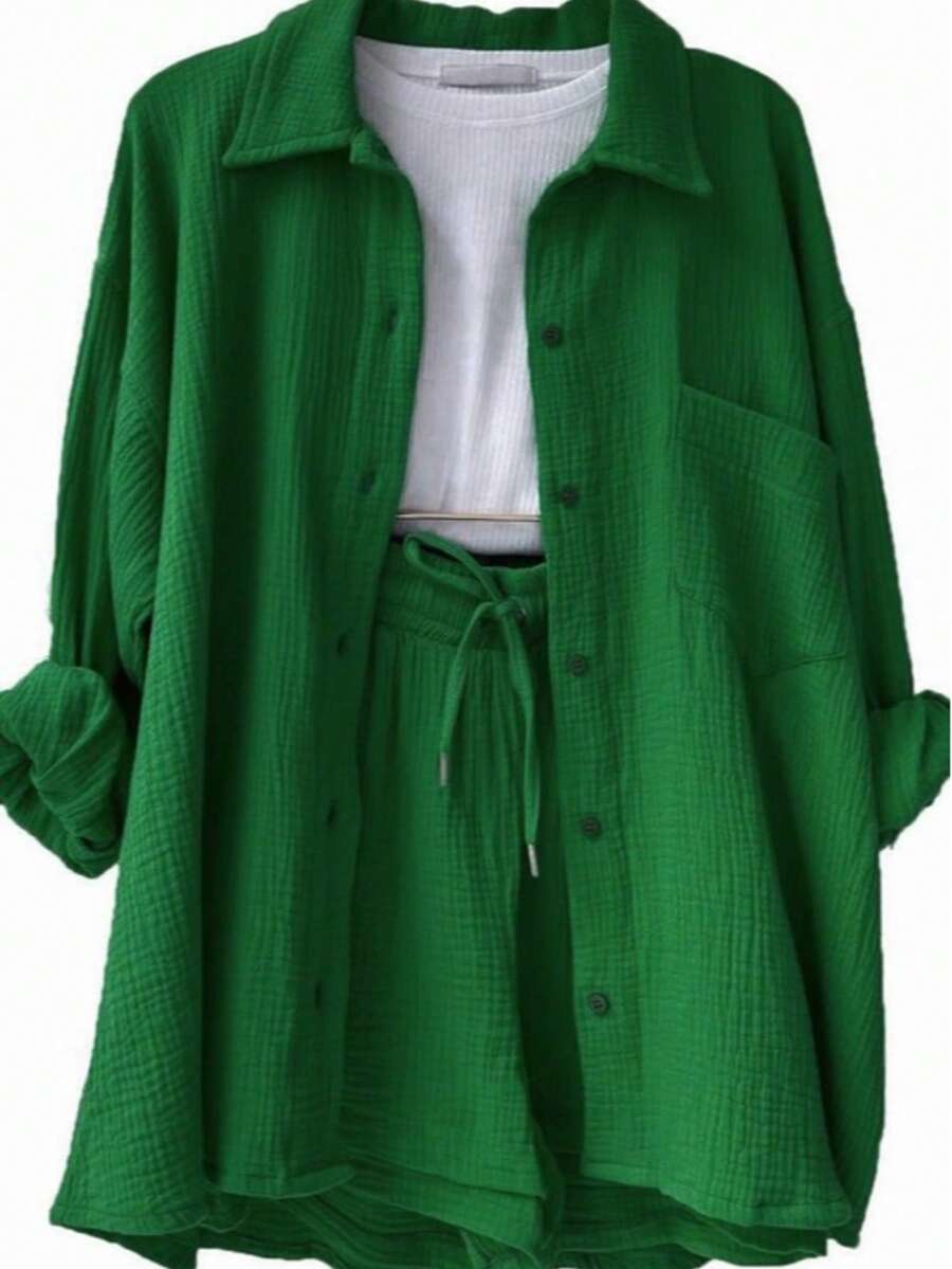 Plain    Casual    Button Front  Button    Home - 綠色 - 查看 1