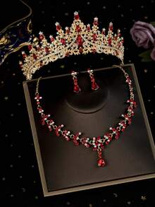 1 Bộ phụ kiện cô dâu gồm vương miện đính đá đỏ, vòng cổ, bông tai, bộ trang sức cưới 4 món, phù hợp với váy cưới, đầm dạ hội, tiệc tùng, phụ kiện ngày Valentine. - Đỏ - Xem 4