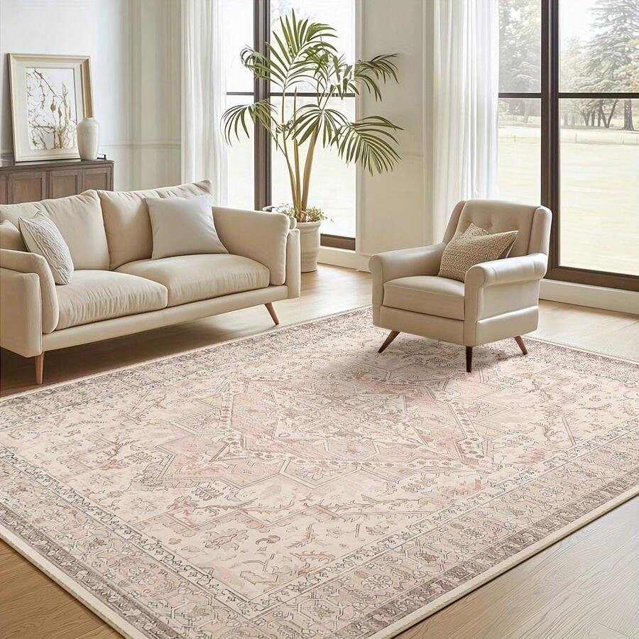 1Pc Large Modern Area Rugs For Living Room, Soft  Boho Washable Indoor Carpet, Low Pile Lightweight Large Print For Bedroom, Dining Room, Playroom, Office, Pink, Low Pile Carpet - Kiểu 1 - Xem 1