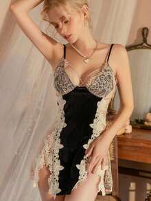 Sexy Lingerie Elastic Velvet And Lace Sexy Sling Mini Dress 1pc, Rave - 黑色 - 查看 5