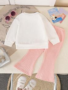 女婴可爱卡通猫咪印花长袖圆领卫衣 + 褶皱喇叭裤套装 - 白色 - 查看 3