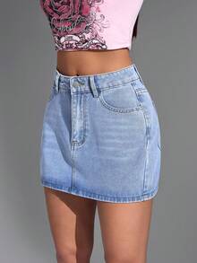 Jeanoix Women Summer Casual Slim Fit Washed Denim Mini Skirt - Medium Wash - View 4