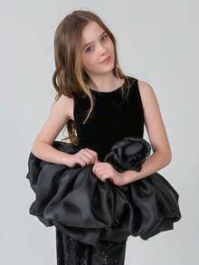 Tween Girl 2 Pieces Sleeveless 3D Floral Tulle Party Dress Set, Suitable For Girls Birthday Party, Wedding, Bridesmaid, Holiday Celebration - Black - View 8