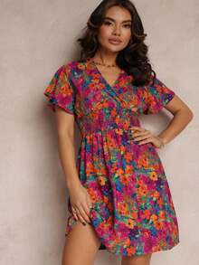 Minivestido con cintura elástica ancha y cuello cruzado - Azul Marino - Ver 1