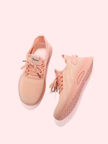 1 par de zapatos deportivos de punto con cordones, aptos para todas las estaciones - Rosa - Ver 4