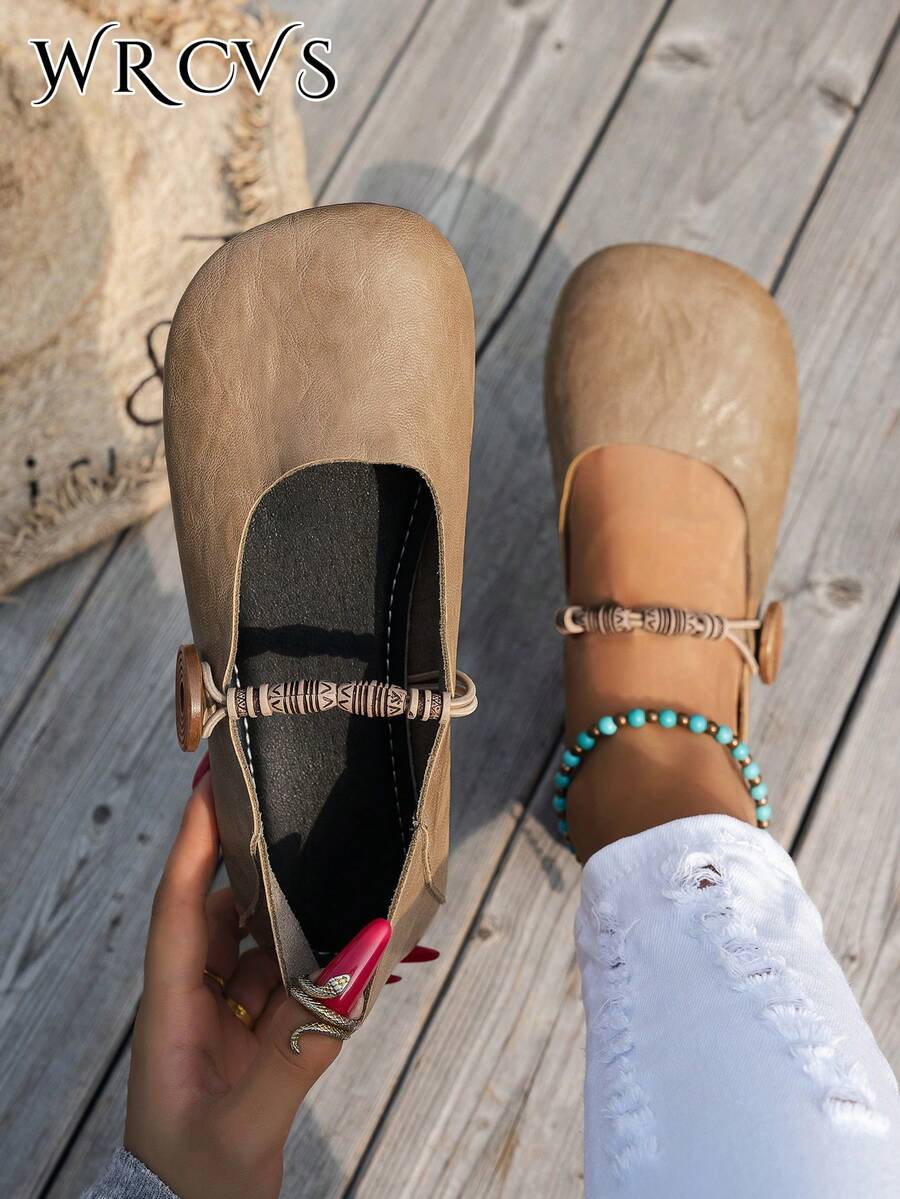 Giày bệt mũi tròn màu kaki thu/đông dành cho nữ, giày công sở chống trượt bằng da PU, giày lười tối giản, giày bà già cổ điển - kaki - Xem 1