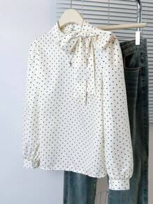 法式波点蝴蝶结长袖衬衫，时尚小众上衣，春季款 - 杏色 - 查看 3