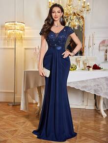 MIUSOL Sequin Floral Lace Sweetheart Neck Cap Sleeve Draped Mermaid Hem Formal Party Maxi Dress - 藏蓝色 - 查看 1