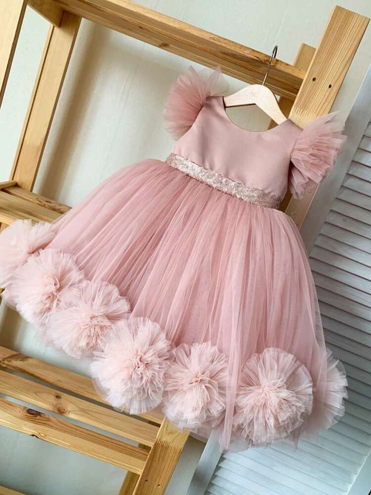 Vestido elegante de fiesta de Navidad con mangas cortas y volantes de tul con flores 3D en rosa para niñas, vestido de princesa adecuado para la fiesta del 1er cumpleaños de la bebé, boda, Acción de Gracias - Rosa - Añade 10