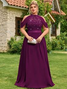 Đầm dạ hội cỡ lớn bằng chiffon đính sequin, ren hoa, khoét vai, thích hợp cho dạ hội, lễ tốt nghiệp, đám cưới, tiệc sinh nhật mùa hè thanh lịch. - Màu Tím - Xem 4