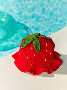 1pc Tropiscape Women's Handmade Crochet Strawberry Knit Bucket Hat, Warm & Fashionable For Autumn/Winter, Suitable For Daily Wear, Vacation Atmosphere, Relaxation, Beach Autumn Accessories