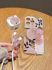 Juego de 4 en 1: Funda para teléfono + Cargador estándar del Reino Unido + Cable de datos, diseño con estampado de hojas, estuche protector de carga rápida compatible con iPhone 7/8/7+/8+/X/XS/XR/XSMax/11/11Pro/11ProMax/12/12Pro/12ProMax/12Mini/13/13Pro/13ProMax/13Mini/14/14Pro/14Plus/14ProMax/15/15Pro/15Plus/15ProMax/16/16Pro/16Plus/16ProMax a prueba de agua, a prueba de golpes, resistente a caídas y arañazos - Multicolor - Ver 3