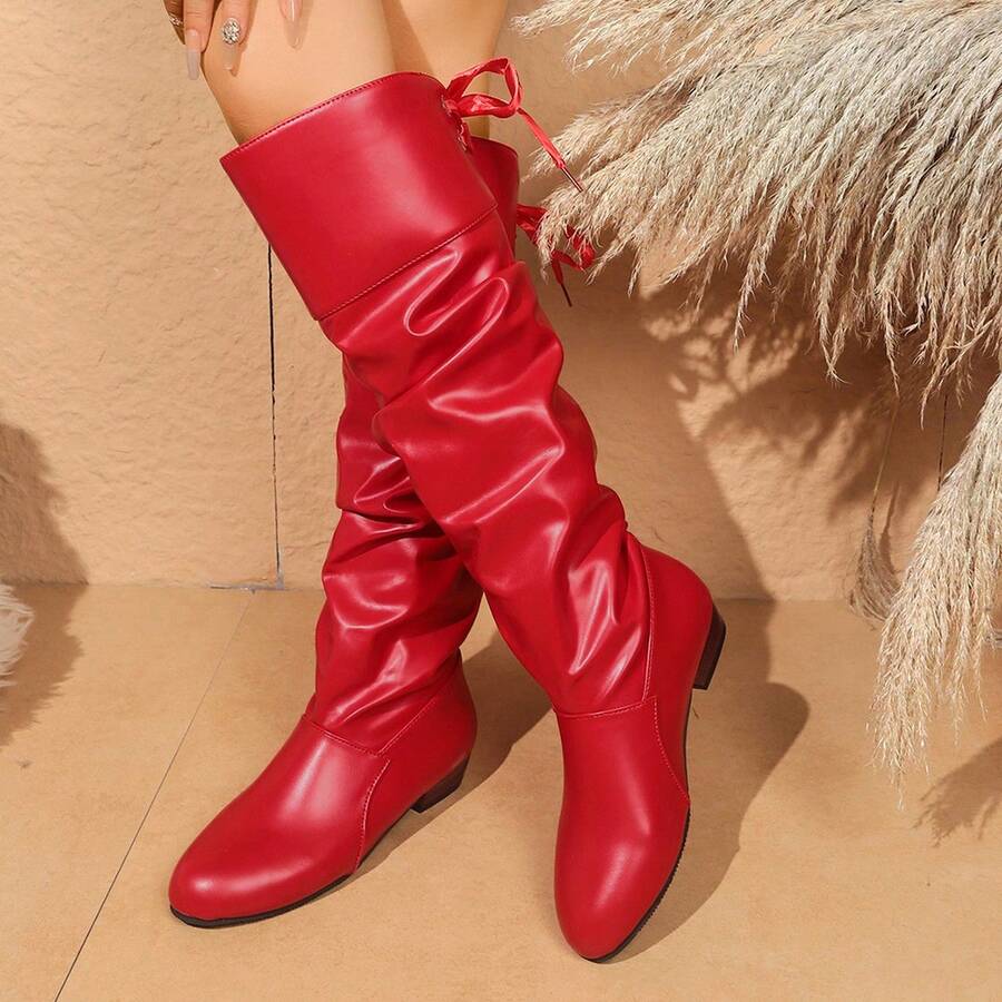 Women's Casual Fashion Knee-High Boots, Comfortable For All Seasons, Flat Bottom, Solid Color, Over The Knee Boots - Đỏ - Xem 1