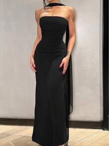 Women Elegant Strapless Bodycon Maxi Dress Sleeveless Split Formal Evening Gown Cocktail Wedding Guest Party Dress With Scarf - 黑色 - 查看 1