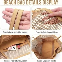 1pc Women's Mesh Beach Tote Bag, Suitable For Picnics, Shoulder Carry Tote Bag, Pool & Leisure Travel Bag, Essential For Beach Vacation, Foldable With Zipper Pocket Large Swimsuit Beach Bag, Waterproof And Anti-Sand Mini Pocket, Suitable For Women Beach Bag, Fit For Picnic, Vacation, Swimming, Beach Travel, Storage Tote