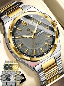 POEDAGAR 1 件男士不锈钢防水夜光石英表，经典休闲日期星期显示男士腕表，时尚男士腕表，适合日常场合，男士礼物 - 均碼 - 查看 2