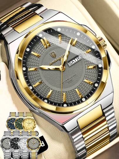 POEDAGAR 1pc Men's Stainless Steel Waterproof Luminous Quartz Watch, Classic Casual Date & Day Display Men's Wristwatch, Fashion Men's Wristwatch, Suitable For Daily Occasions, Men's Gift