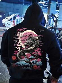 Krometka 男士秋冬黑色龙纹樱花印花连帽衫，独特日式风格 - 黑色 - 查看 6