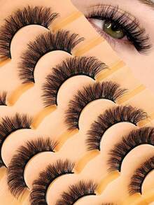 7pcs/Set Short 3D Mink Eyelashes, Russian DD Curl, Handmade, Natural Fluffy & Thick, Full Strip Eyelashes, Wholesale, Eye Makeup False Eyelashes - Black - View 2