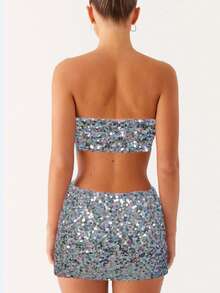 Women Sequin Sparkly Mini Skirt Set Y2K Starfish Shiny Bra Tops And Low Rise Bodycon Mini Skirt Set Summer Glitter Going Out Club Suit - Bạc - Xem 4