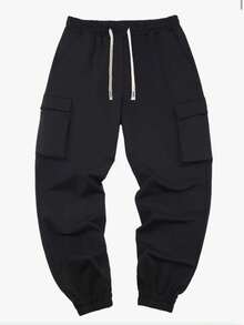 Pantalones cargo casuales para hombre, pantalones de senderismo ajustados con cordón, otoño/invierno - Negro - Ver 2