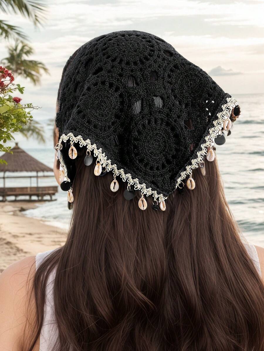 女士头巾 1 件装，黑色花卉、海洋、蜻蜓、贝壳钩编镂空流苏发带，波西米亚风格，适合日常佩戴、运动、海滩度假，秋季配饰，发带，秋冬发箍，优雅围巾 - 黑色 - 查看 1