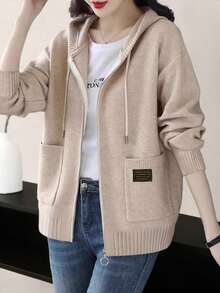 女士宽松拉链连帽卫衣，厚针织卫衣外套，适合秋冬和春季 - 駝色 - 查看 3