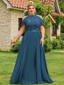 Plus Halter Neck Sequin Floral Lace Cutout Shoulder Cape Sleeve Contrast Chiffon Pleated Hem Formal Party Dress Prom Wedding Guest Gown, For Graduation, Dinner - Màu xanh bụi bặm - Xem 4