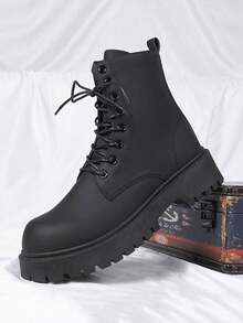 男士新款黑色英伦摩托车靴/工装靴/高帮软皮防水休闲皮靴 - 黑色 - 查看 3
