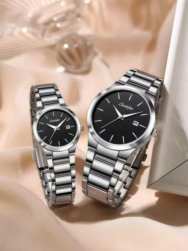 1pc Couple, Black, Silver, Minimalist, High Quality, Branded, Luxury Men's Women's Watch, Waterproof, Stainless Steel, Suitable For Holiday, Daily, Wedding Wear, Gifts For Ladies Men Couples, Valentine's Day Gifts