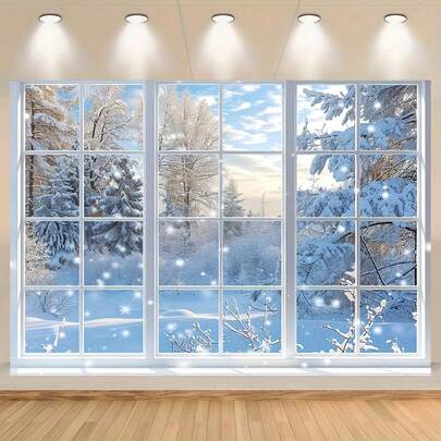 1 Winter Fairy Tale Window Background Cloth, Snowy Christmas Scene With Pine Trees And Snowflakes, Perfect For Photography Studio Props, Ideal For Parties, Portraits And Home Decor, Christmas, Indoor And Outdoor Parties, Family Events, Winter Fairy Tale Decorations