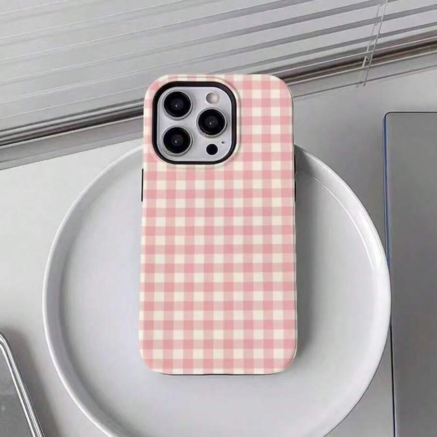 1 Unique 360 ° HD Plaid Printed Phone Case - Cute And Minimalist 2-In-1 Design, Anti-Drop And Shock-Proof Full Coverage, Suitable For IPhone 16 Pro Max/16 Pro/16 Plus/16/15/14/13/12/11 Funda Para  A06-A71, S21-S25ULTRA PLUS EDGE Stylish And Cute - Ideal Holiday Gift Choice - Pink plaid - 查看 1