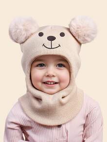 1 szt. Zestaw czapki i szalika dla dzieci w wieku 1-6 lat, uroczy, podwójny, dzianinowy, kominiarka z haftowanym misiem, miękka i wygodna czapka z kapturem, odpowiednia na jesienno-zimowe upały na świeżym powietrzu