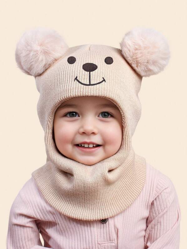 1 szt. Zestaw czapki i szalika dla dzieci w wieku 1-6 lat, uroczy, podwójny, dzianinowy, kominiarka z haftowanym misiem, miękka i wygodna czapka z kapturem, odpowiednia na jesienno-zimowe upały na świeżym powietrzu