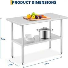 strundghti Stainless Steel Table For Prep & Work, 2-Tier Shelf NSF Commercial Metal Worktable Adjustable Height & Leveling Feet, Extra Strength Kitchen Storage Rack For Restaurant Warehouse - Bạc-24" x 48" - Xem 2